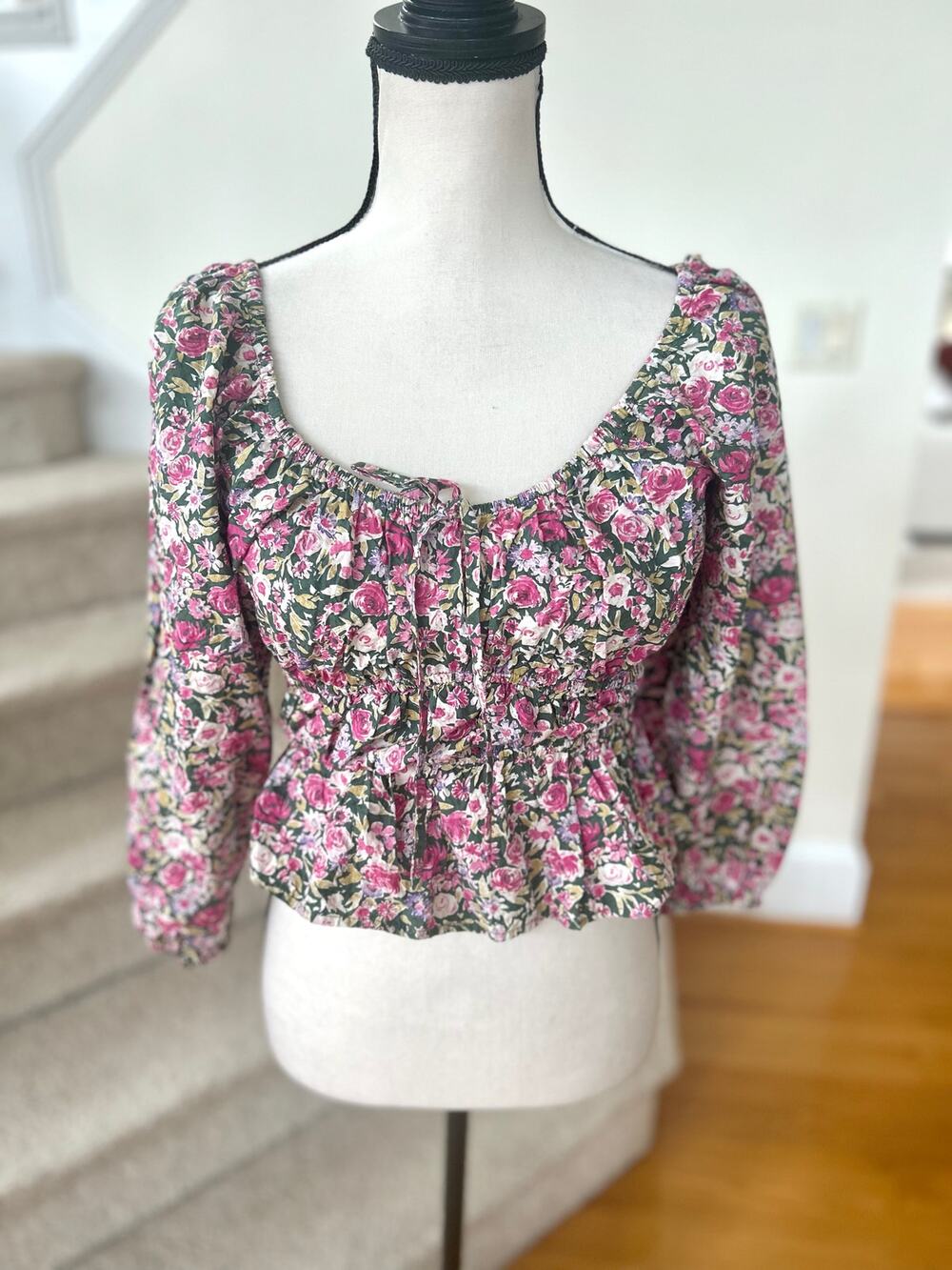 Mango Pink Cottagecore Floral Coquette Shirred Elastic Waist Puff Sleeve Blouse